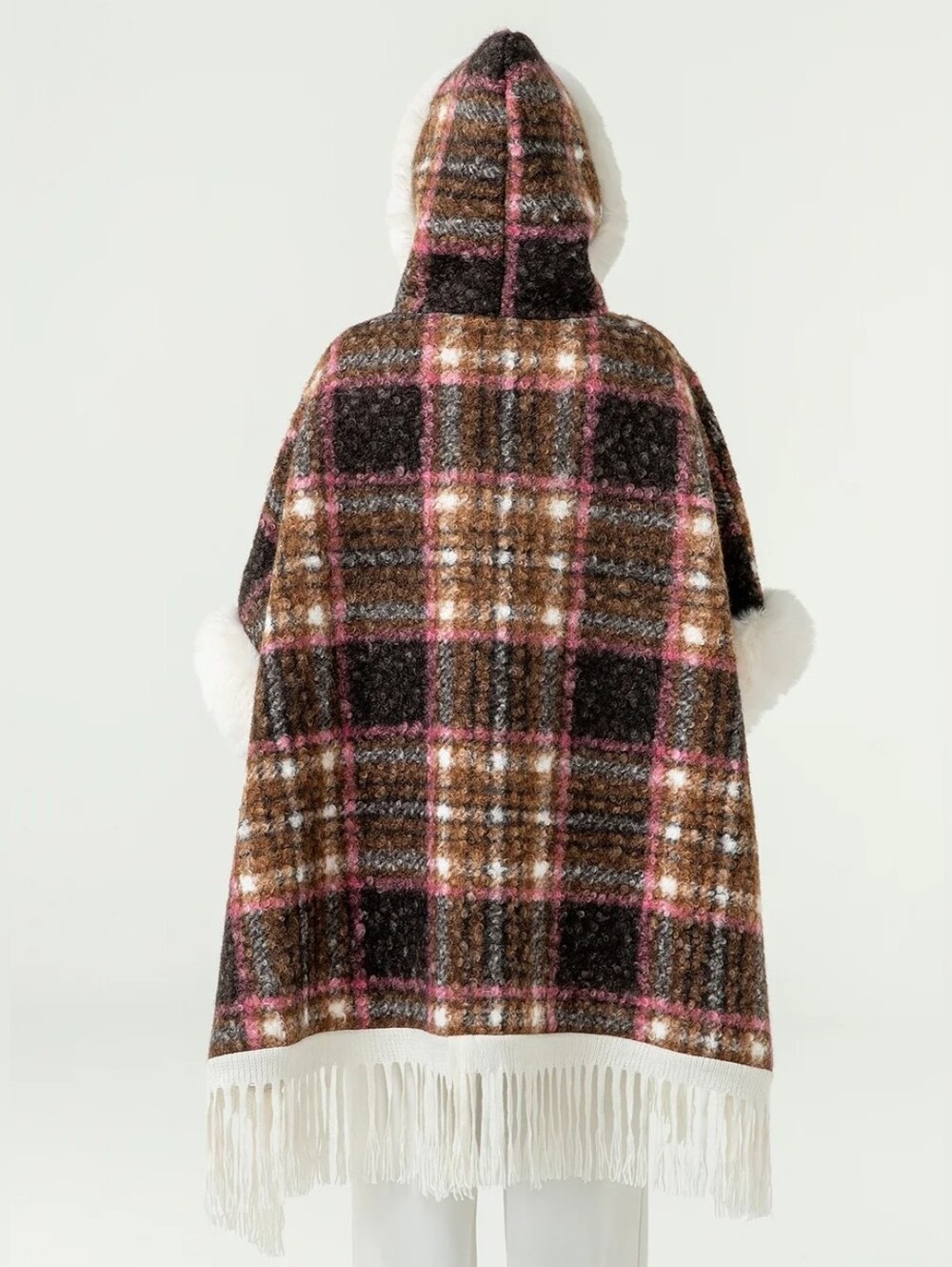 Klesis Plaid Fringe Faux Fur Hooded Poncho Multicolor Size O/S - Picture 13 of 13